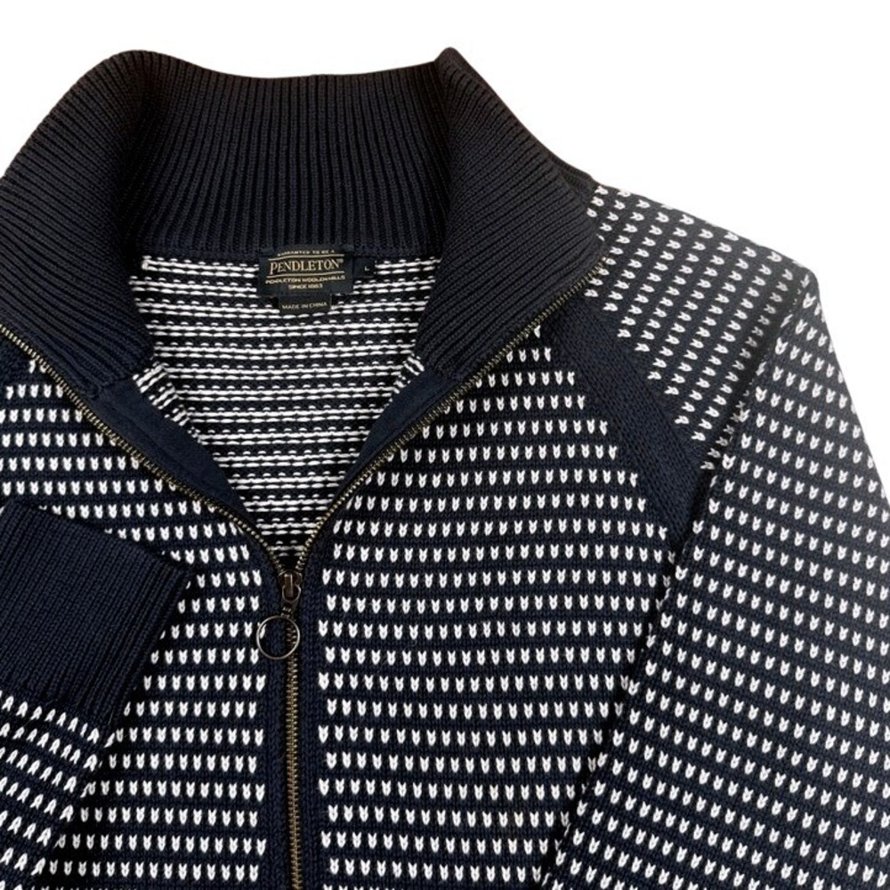 Pendleton Womens Full Zip Birdseye Knit Cardigan Sweater Navy Blue White Large